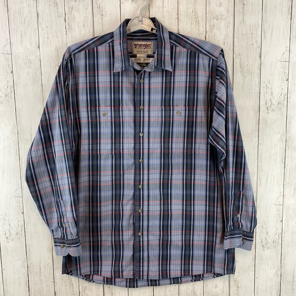Wrangler Rugged Wear Blue/Gray Plaid Long Sleeve Western Button Down Size XL